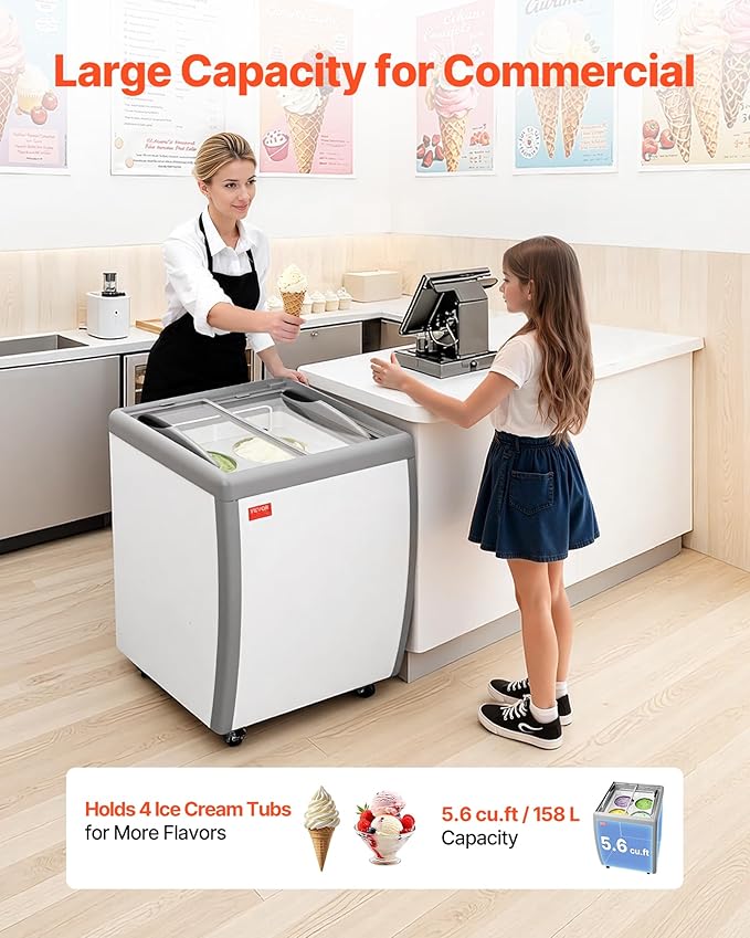 VEVOR Commercial Ice Cream Display Case, 5.6 Cu.ft Chest Freezer, Restaurant Gelato Dipping Cabinet Top Deep Freezer with Locking Casters, Sliding Glass Door, LED Lighting, Hold 4 Ice Cream Tubs