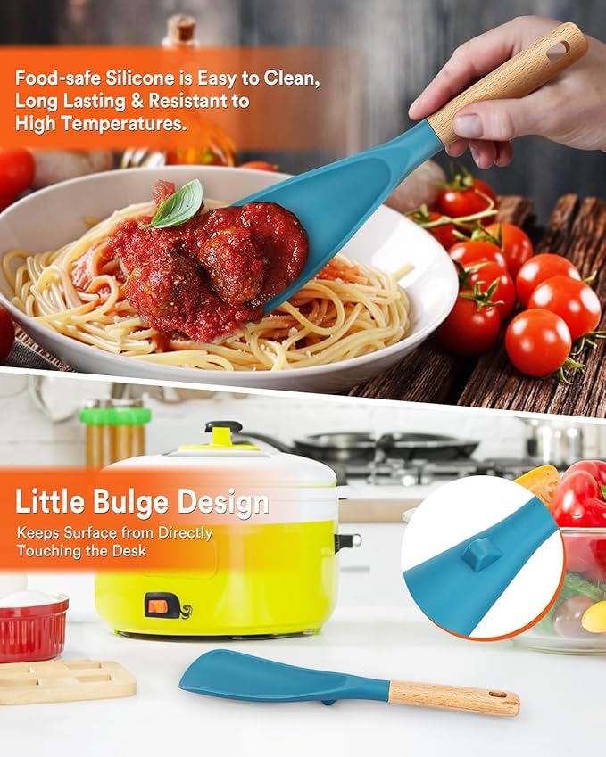Cooking Spoon and Rice Scooper for Nonstick Cookwares, Great for Cooking and Serving Sturdy BPA-Free Matte Silicone, Wood Handle Spoon for Mixing, Scoop, and Scrape, Turquoise