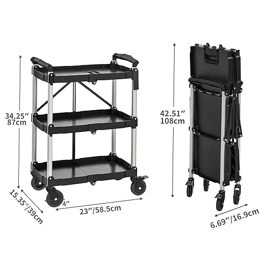 YITAHOME 3-Tier Folding Utility Cart with Wheels, Foldable Service Cart Collapsible Rolling Cart w/ 360° Swivel Wheels & Brake, 350lbs Load Capacity Portable Utility Cart for Kitchen, Warehouse