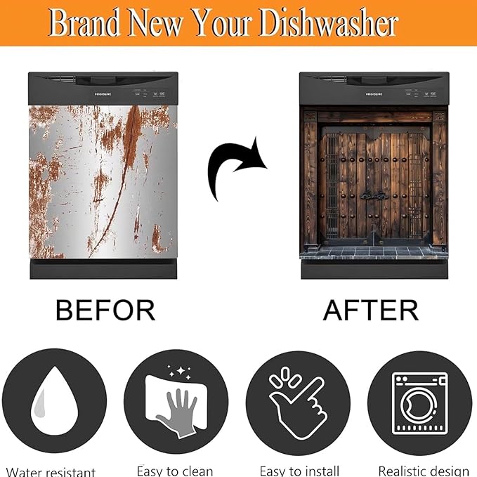 Vintage Wooden Door Dishwasher Covers for The Front Home Refrigerator Panel Cover, Barn Wooden Door Dishwasher Decal Sticker - (23" x 26" Ordinary)