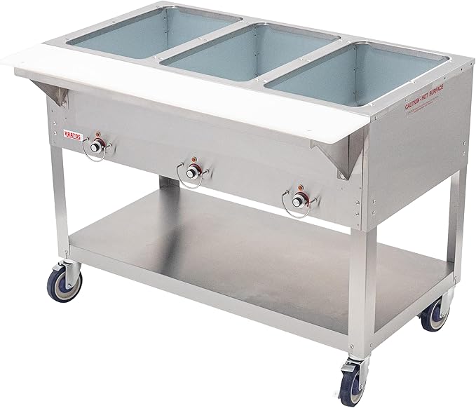 Kratos Commercial Mobile Electric Steam Table/Hot Food Table, 3 Wells, Stainless Steel, NSF 120V (28W-197)
