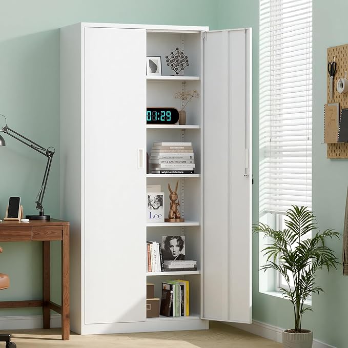 VINGLI Metal Garage Storage Cabinet with 2 Doors and 5 Adjustable Shelves, 71" Tall Steel Lockable File Cabinet, Locking Tool Cabinets for Home Office Garage Gym School (White)
