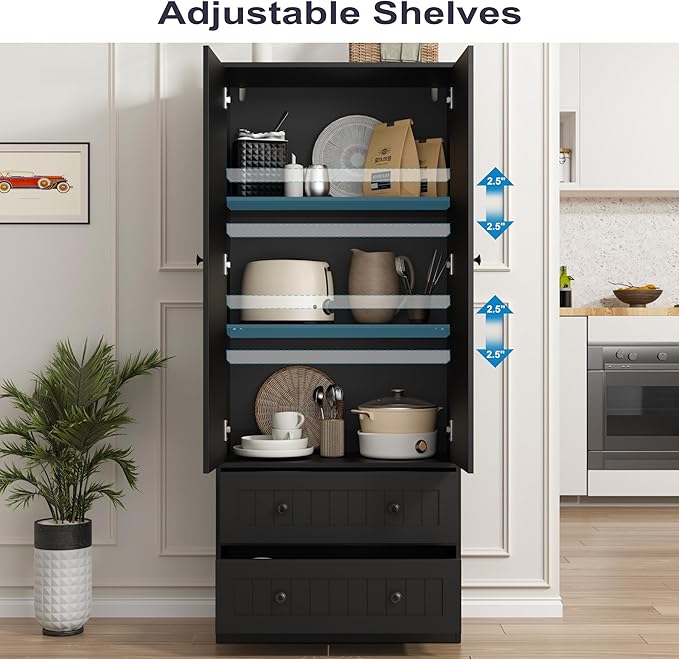65" H Storage Cabinet, Farmhouse Kitchen Pantry Cabinet with 2 Doors & Adjustable Shelf, Handbag Storage Organizer for Living Room, Bathroom, Kitchen, Black