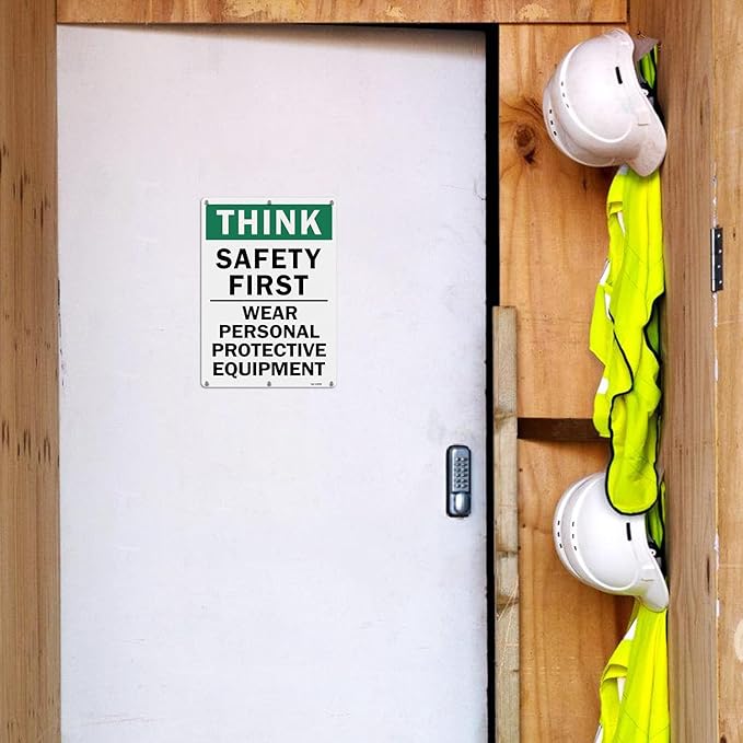 T&R Large Think Safety First Sign Wear Personal Protective Equipment - 2 Pack - 14 x 10 Inches Rust Free .040 Aluminum Reflective - UV Protected, Waterproof and Fade Resistant - 6 Pre-drilled Holes