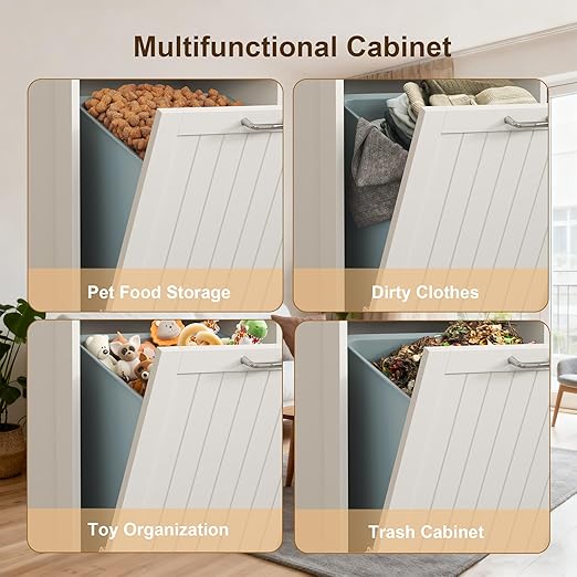 Tilt Out Trash Can Cabinet Dog Proof with Double Wood Hidden Holder, Kitchen Free Standing Recycling Cabinet（White）