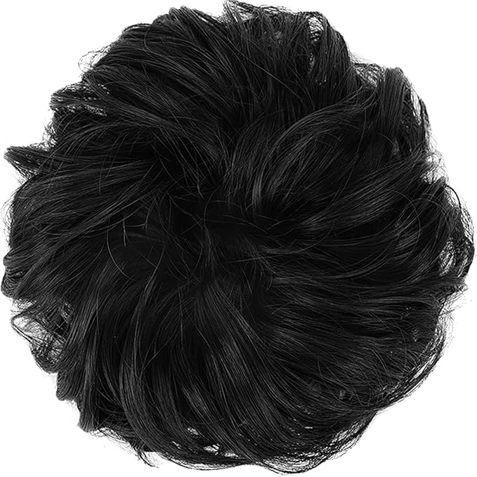FESHFEN Large Messy Bun Hair Piece - Wavy Synthetic Chignon Scrunchies Elastic Ponytail Hair Extensions Thick Hairpieces for Women, Natural Black 1.94oz
