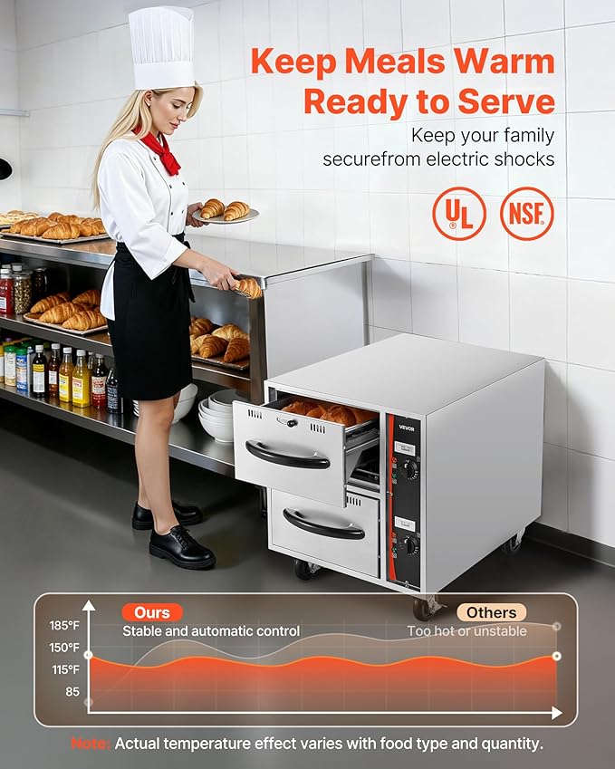 VEVOR Commercial Electric Drawer Warmer,2 Full-Size Pan Stainless Steel Food Warmer,Freestanding Standard Warming Drawer Cabinet,85°F–185°F Wide Temperature Range,for Restaurant, Hotel Buffet & Bakery