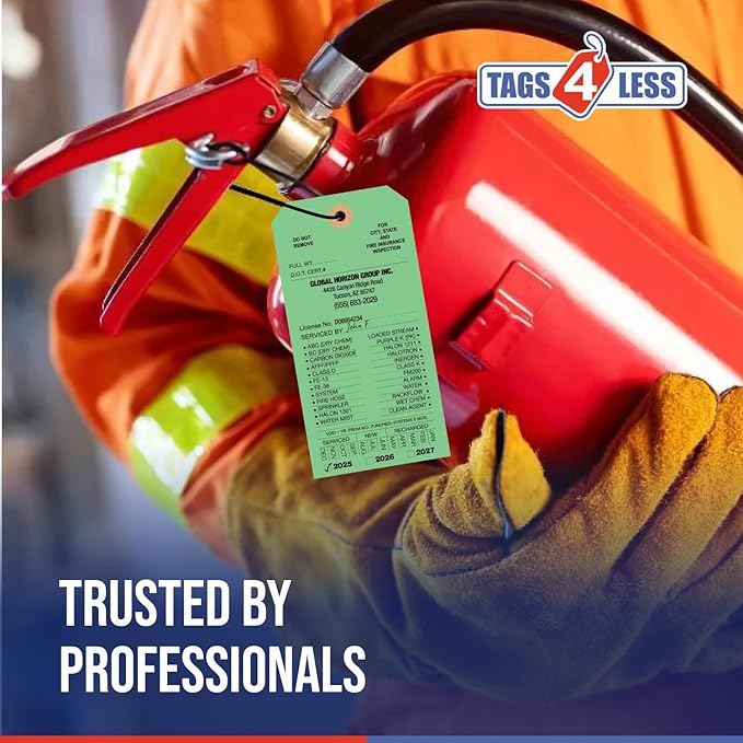 Tags 4 Less Custom Fire Extinguisher Tags – Preventative Maintenance Labels for Monthly Inspections, Alternative to Safety Sticker for Easy Record-Keeping – Pack of 100 (Light Green, Cardboard)