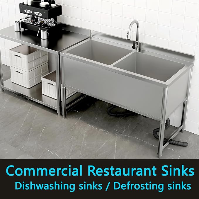 47" Stainless Steel Commercial Sink 2 Bowl Freestanding Kitchen Sink with Pull-out Faucet, Large Utility Sink for Kitchen, Dishwashing, Thawing, Laundry Room, Garage, Outdoor, Total Capacity 50 Gallon