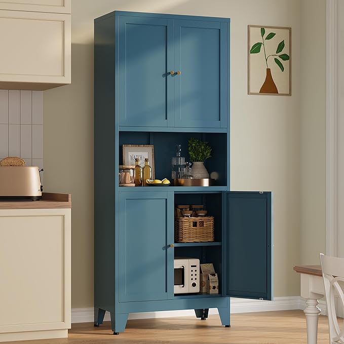 Metal Pantry Cabinet, Tall Kitchen Cabinet with 4 Doors & Adjustable Shelves,69" Blue Freestanding Storage Cabinets with Microwave Stand Cupboard for Living Room,Dining Room,Home