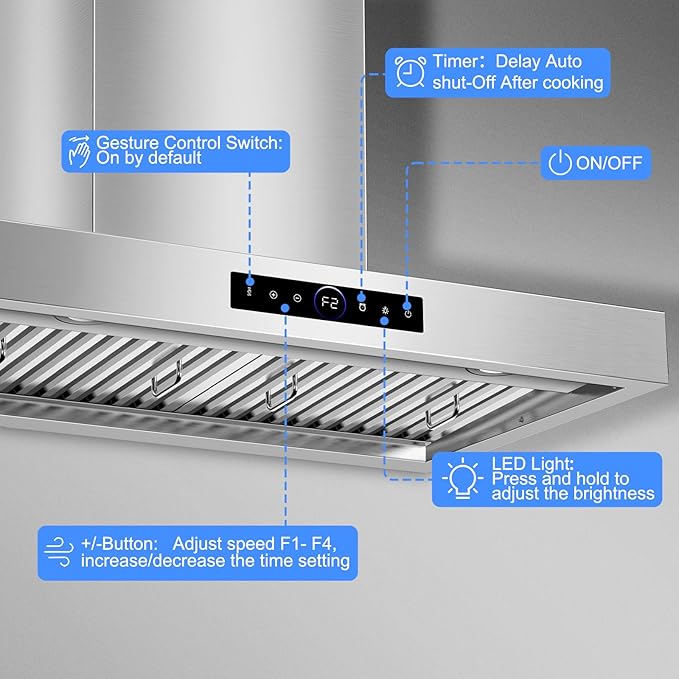 30 inch Wall Mount Range Hood, 1200 CFM with 4-Speed Gesture Sensing & Touch Control, Stainless Steel Ducted Kitchen Stove Vent Hoods with 2 LED Lights, Time Setting, Dishwasher-Safe Baffle Filters