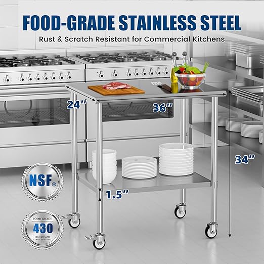 Stainless Steel Work Table with Wheels, 24x36 Inch NSF Kitchen Prep Table with Adjustable Undershelf for Commercial Restaurant, Garage, Outdoor BBQ