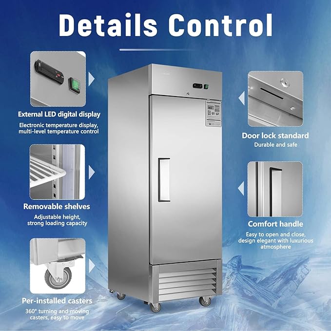 JINSONG 27" Commercial Freezer with Single Solid Door, 23 cu.ft Stainless Steel Reach-in Freezer for Restaurant, Bar, Shop, Residential, with 4 Shelves and 4 wheels