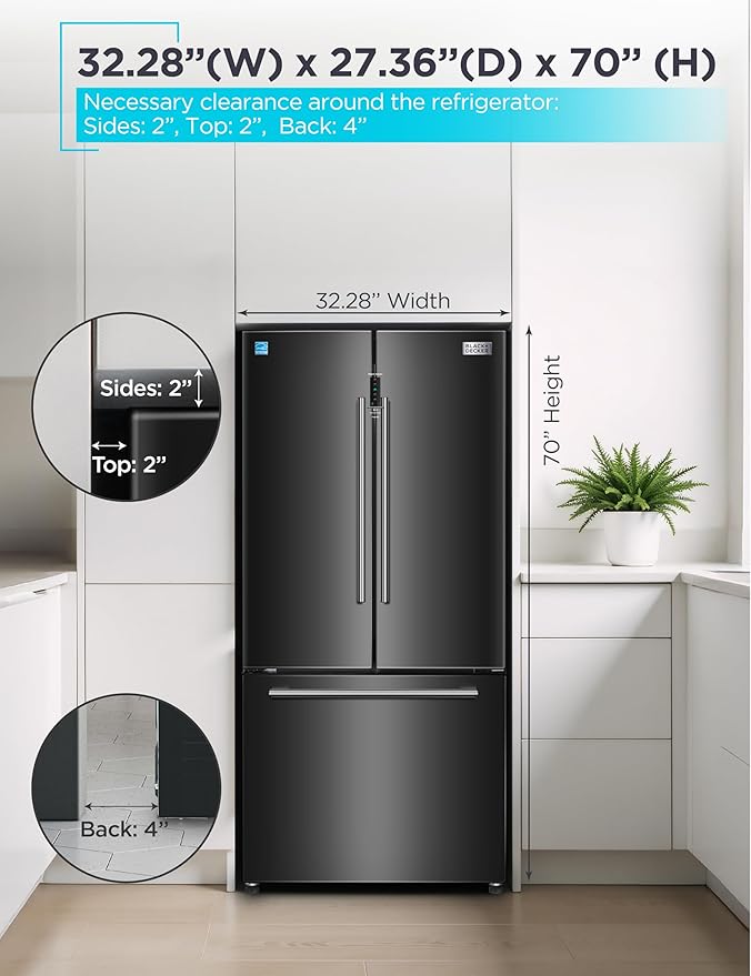 BLACK+DECKER 18 Cu. Ft. French Door Refrigerator with Built-in Ice Maker, Full Size Refrigerator with Bottom Mount Freezer Drawer, Frost Free, ENERGY STAR certified, BRF1800GIMB, Black