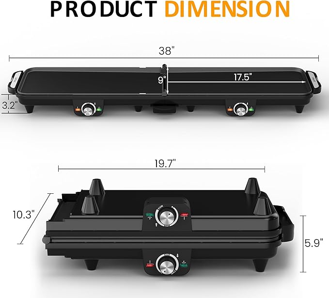 Sunvivi Electric Griddle Flat Grill: Indoor Grill with 2 Adjustable Temp Knobs, Nonstick Cooking Plate, Large Grill Pan with Drip Tray, 2 Cooking Zone (17.5'' x 9''), Easy to Clean