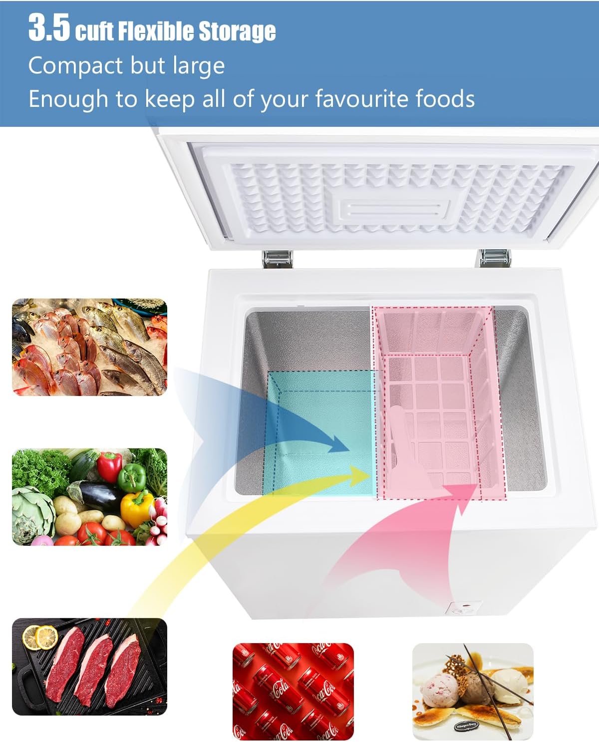 3.5 Cu.Ft Chest Freezer 7 Gears Temperature Control(-18°F to -46°F), Deep Compact Freezer with a Removable Basket, for House, Kitchen, Garage, Basement, Shop, White