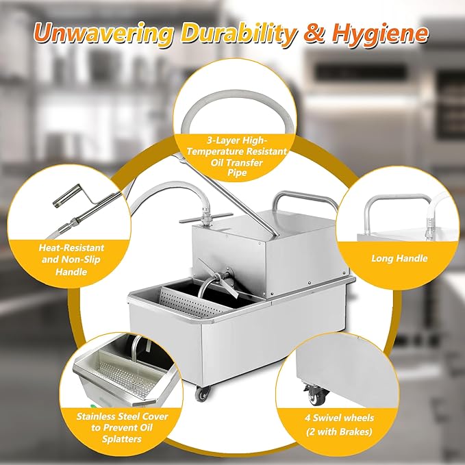 Hakka Deep Fryer Filter Machine with Oil Drain, Commercial Mobile Oil Filter System 550W For Restaurant with 32L/min Flow Rate, 48L, 3/4 HP, Come with 5pcs Filter Paper