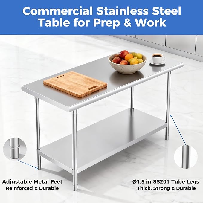 OSTBA Stainless Steel Table for Prep & Work 24x60 Inches, NSF Metal Commercial Heavy Duty Table with Adjustable Undershelf and Adjustable Foot for Restaurant Kitchen Home and Hotel