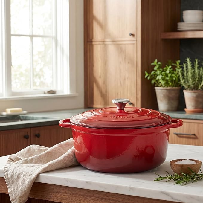 Zulay Kitchen 7.7 Quart Enameled Cast Iron Dutch Oven Pot with Lid – Premium Durability & Oven Safe up to 500°F – Heavy Duty Cookware Perfect for Bread Baking, Stews, Braising & Roasting – Red