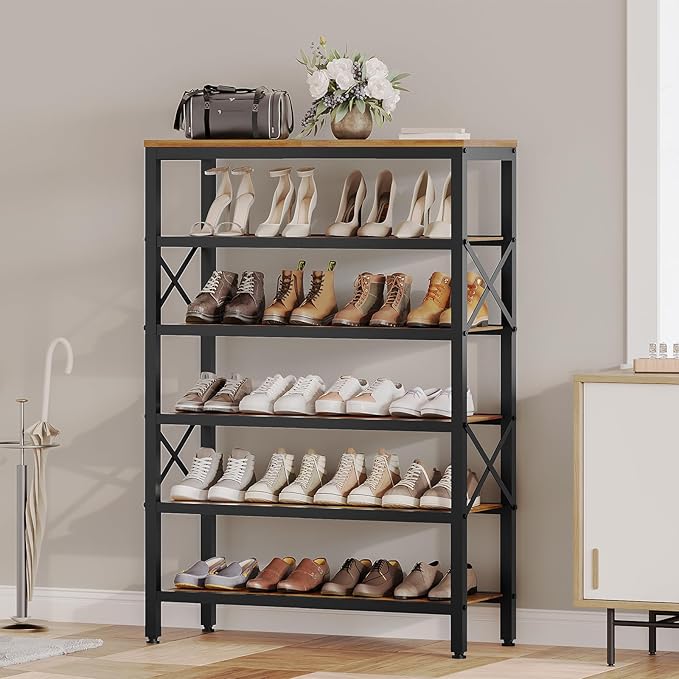 6-Tier Tall Shoe Rack Organizer, Wooden Shoe Storage for Closet Holds 24 Pairs, Sturdy Shoe Shelf with X-Shaped Metal Support, for Entryway, Bedroom, Rustic Brown and Black SS206BR