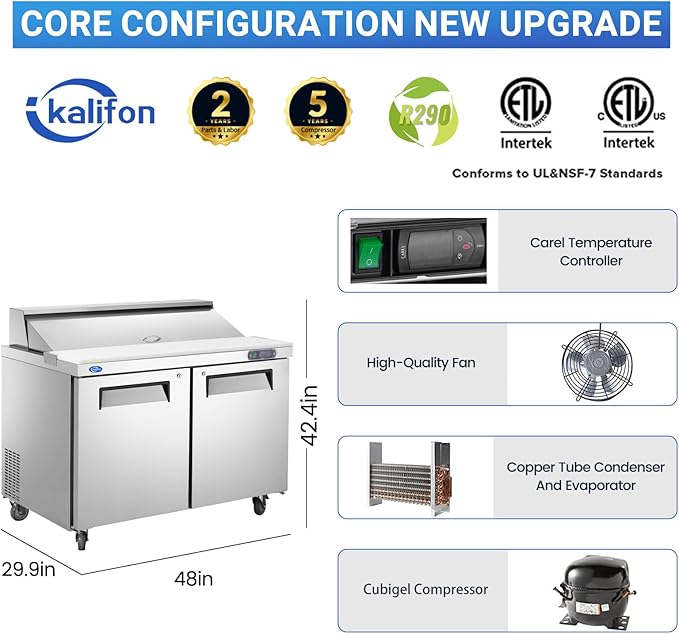 48" W 2 Door Refrigerator Sandwich Salad Prep Table Commercial Stainless Steel Fan Cooling Refrigerator with Cutting Board, 2 Shelves & 12 Pans for Restaurant, Bar, Shop-12.9 Cu.ft