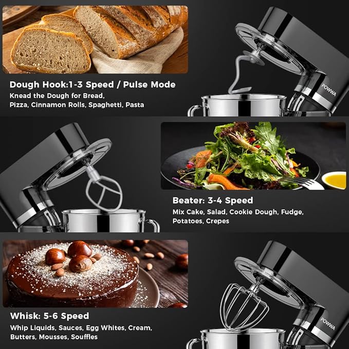 6.5 Quart Electric Mixer, 6+1 Speed 660W Tilt-Head Kitchen Food Mixers with Whisk, Dough Hook, Mixing Beater & Splash Guard for Baking, Cake, Cookie, Kneading, ETL Certified (Black)