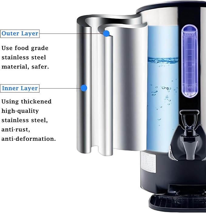 Commercial Electric Kettle Warmer Stainless Steel Hot Water Dispenser Hot Water Boiler And Warmer with Faucet Quick-Temp or Boil for Tea Coffee 1500W 11.6 Liter Capacity