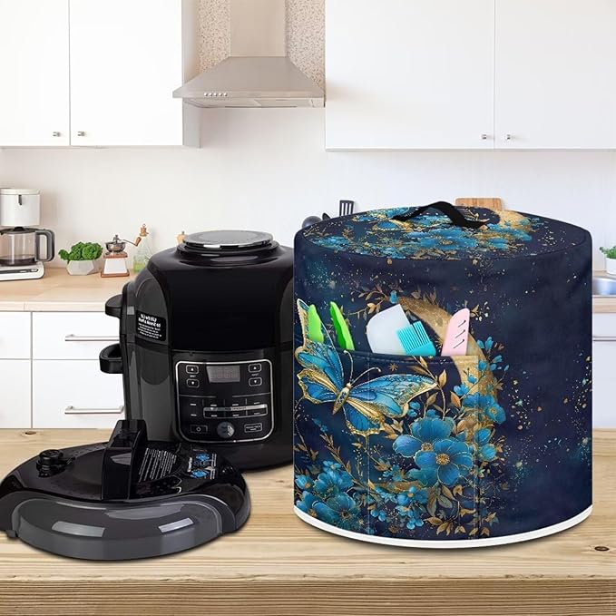 Flashideas Blue Butterfly Pressure Cooker Cover with Storage Pocket Compatible with 8 10 Quart Instant Pot, Durable Rice Cooker Air Fryer Accessories, Waterproof Kitchen Appliances Dust Cover