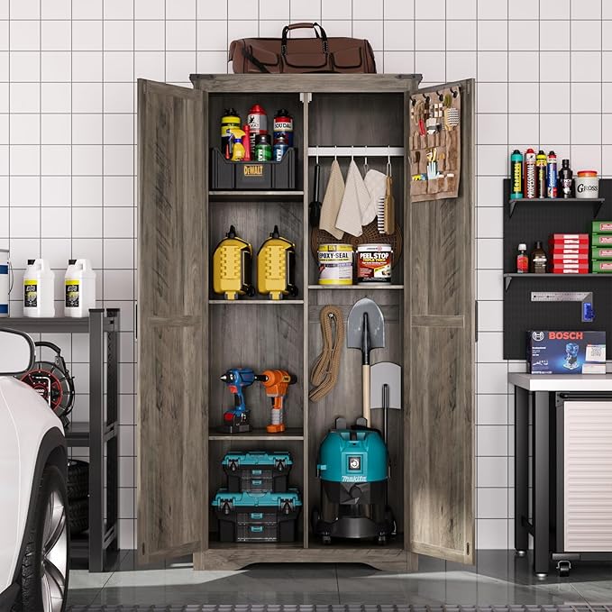 Tall Storage Cabinet with Adjustable Shelves, Farmhouse Pantry Organize with 2 Barn Doors, Large Freestanding Cabinet for Kitchen, Garage, Basement, Living, Utility Room, Grey
