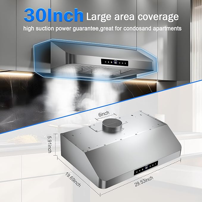 30 Inch Under Cabinet Range Hood with 1200CFM Powerful Suction,Stainless Steel Ducted Vent Hood with 4 Speeds,Smart Touch Panel, 3W LED Lights, Quiet Kitchen Exhaust Hood,18B-E30