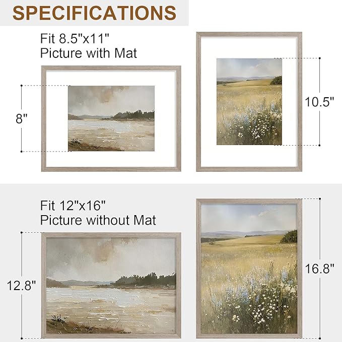 Vittanly 12x16 Picture Frame Set of 2, Solid Wood Frame for Wall Art Photo and Prints, Display Photo 8.5x11 with Mat or 12x16 without Mat, Light Brown