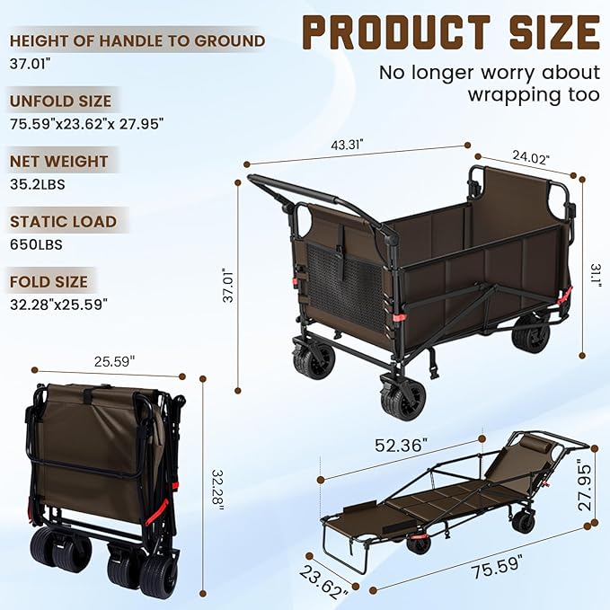 LEVELEVE Heavy Duty Folding Wagon - 2-in-1 Collapsible Cart, 650lb Capacity, All-Terrain Wheels w/Brakes & Side Pockets (Brown)