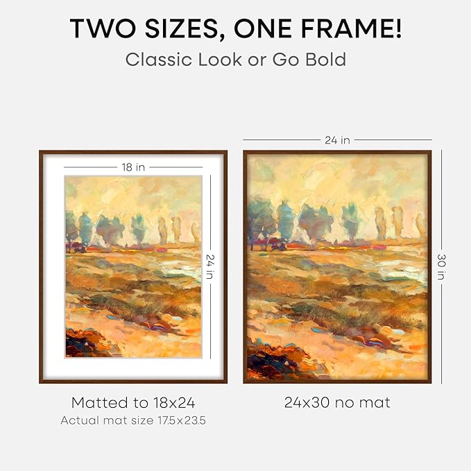 Homeforia 24x30 Walnut Frame, High End Oak 24 x 30 Wooden Poster Frame with Mat 18 x 24, 30x24 Large Picture Frames for Wall, 24x30 Brown Wood Frame Matted to 18x24, Tempered Glass, Wall Kit, Set of 2