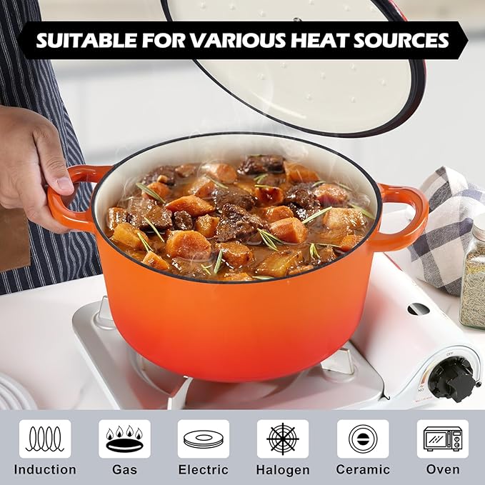 TeamFar Enameled Cast Iron Dutch Oven, 6QT Nonstick Dutch Oven Pot with Lid & Dual Handles for Bread Baking Braising Simmer Roasting, Non Toxic & Heavy Duty, Multi Stoves & Oven Safe - Orange