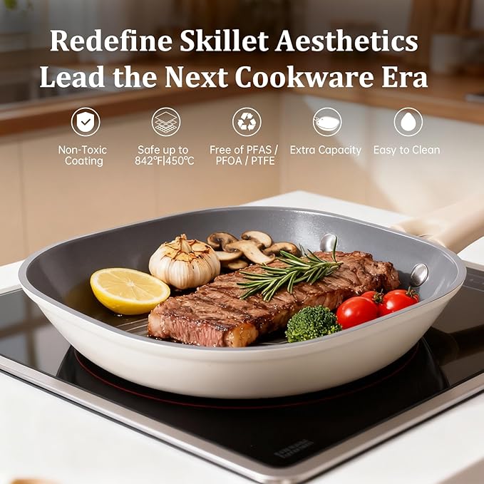 8 Inch Ceramic Nonstick Frying Pan Skillet - Dual Ceramic Coating (Inside & Outside), PFAS & PFOA-Free, Induction Compatible, Dishwasher Safe, Stay-Cool Handles, Eco-Friendly & Non-Toxic Cookware