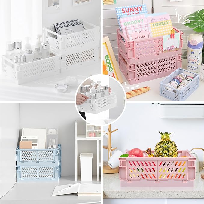 Plastic Storage Baskets for Desk Organizing, Office Drawer Organizer, 2 Medium+2 Small Durable Folding Storage Crate for Home Kitchen Classroom Office Bedroom and Bathroom Storage (Blue)
