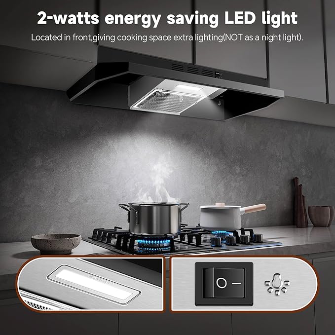 SNDOAS Black Range Hood 36 inch,Ductless Under Cabinet Range Hood Included Carbon Sponge Filter,Ducted Optional,Kitchen Hood 36 inch with 2 Vents,2 Speeds,Hard Wired Stove Vent