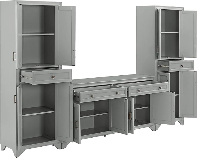 Crosley Furniture Tara 3-Piece Modern Farmhouse Sideboard Buffet Cabinet and Kitchen Storage Pantry Set, Distressed Gray