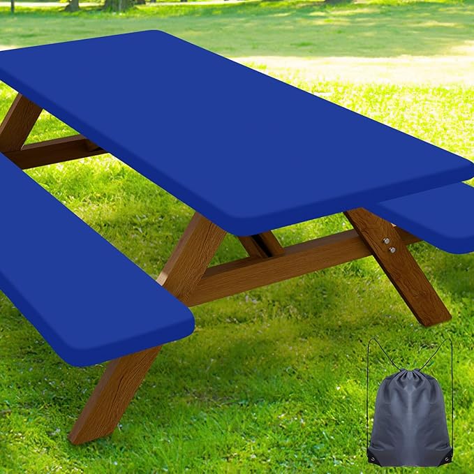 Smiry Picnic Table Cover with Bench Covers, Waterproof Elastic Fitted Polyester Tablecloths for 6 Ft Rectangle Tables, Washable Windproof Tablecloth for Camping, RV & Outdoor (Blue, 30x72 Inches)