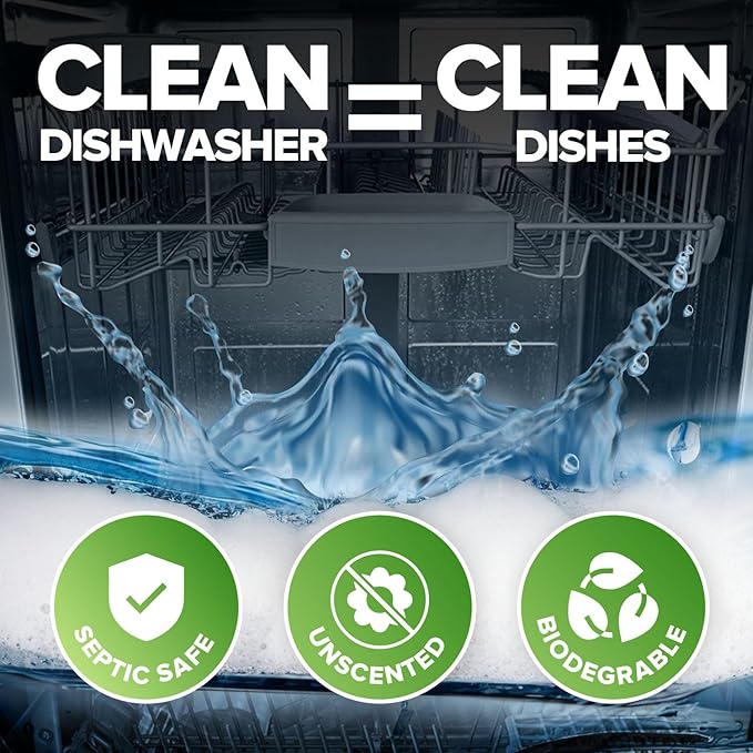 Renuv® Heavy Duty Dishwasher Cleaner & Deodorizer Tablets, Descaler, Deep Cleaning, Natural Odor & Smell Remover, Calcium, Limescale, Hard Water Marks, Grease, Septic Safe Pods (12 Tabs 1 Yr Supply)