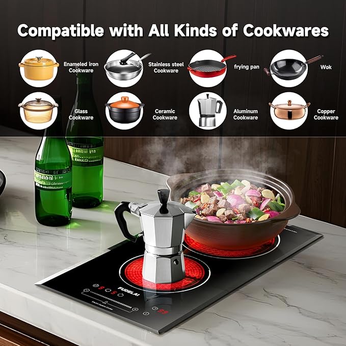 2-Burner Electric Cooktop, 3200W 240V Ceramic Hot Plate with 9 Power Levels,Touch Control,Auto Safety Lock,Timer,UL Certified Plug, For Built-in/Countertop Use/RV Camping
