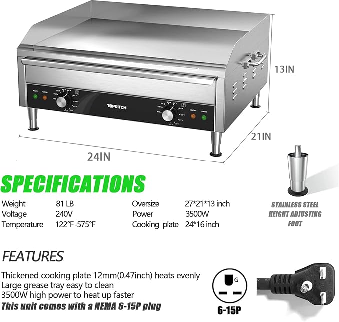 Commercial Electric Griddle, 24 Inches 3500W 240V Electric Countertop Griddle Heavy Duty Flat Top Grill Restaurant Electric Griddle Grill, Adjustable Temperature Control 122°F-572°F, 6-15P Plug