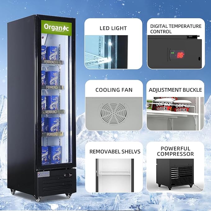 Commercial Beverage Refrigerator Display Fridge,Slim Single Glass Door Merchandiser Drink Cooler with LED Light Adjustable Shelves,ETL Sanitation,6 Cu Ft,16.15" Wide