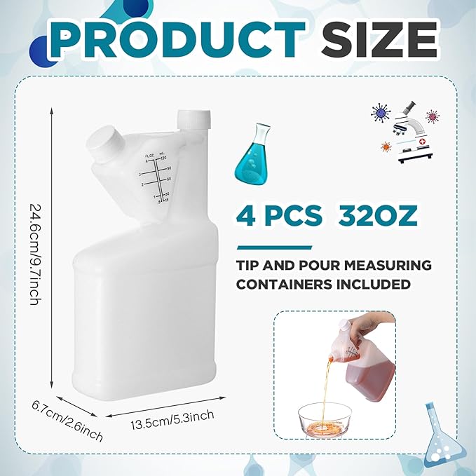 4 Pcs 32oz Tip Measure Containers Tip and Pour Measuring Containers HDPE Chemical Measuring Cups with Lids Plastic Bottle, up to 4oz Capacity (32oz)