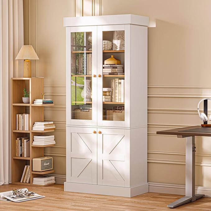 Vyre 71" Tall Farmhouse Kitchen Pantry, Large Storage Cabinets with Glass Doors, Adjustable Shelves, Wood Versatile Hutch Cabinet for Dining Room, Set of 2, White