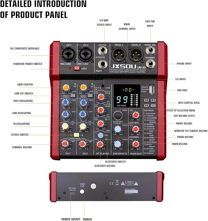 6-Channel Audio Mixer, DJ Controller Sound Board Console with 99 DSP Effects, Bluetooth Mixer Input 48V Phantom Power Stereo USB XLR Mixer For Karaoke Studio PC Recording