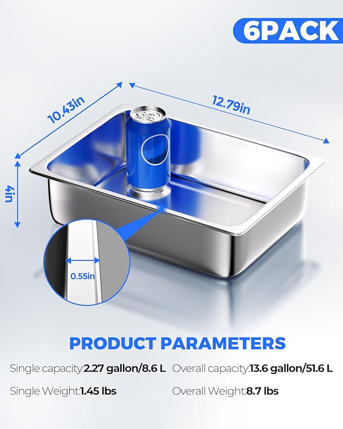 WantJoin Steam Table Hotel Pans 1/2 Half Size 4 Inch Deep 6 Pack, Stainless Steel Metal Tray Sets Food Storage Container for Restaurant Chafing Dishes Commercial Buffet Warmer Catering Supplies