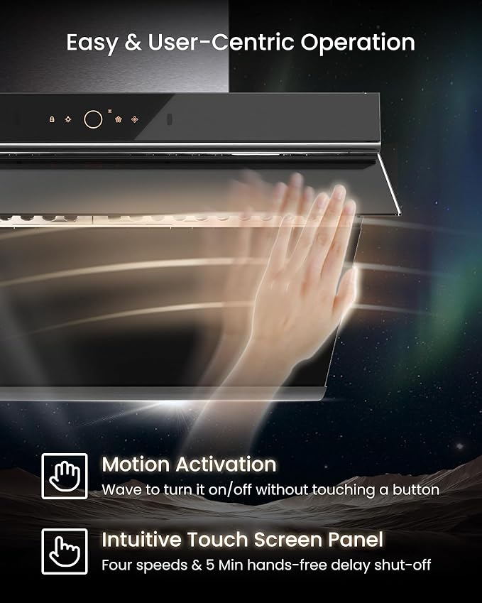 FOTILE JQG7507 Under Cabinet or Wall Mount Kitchen Range Hood 1100 CFM 4 Speed Level with LED Lights, Fingerprint Resistance and Motion Control