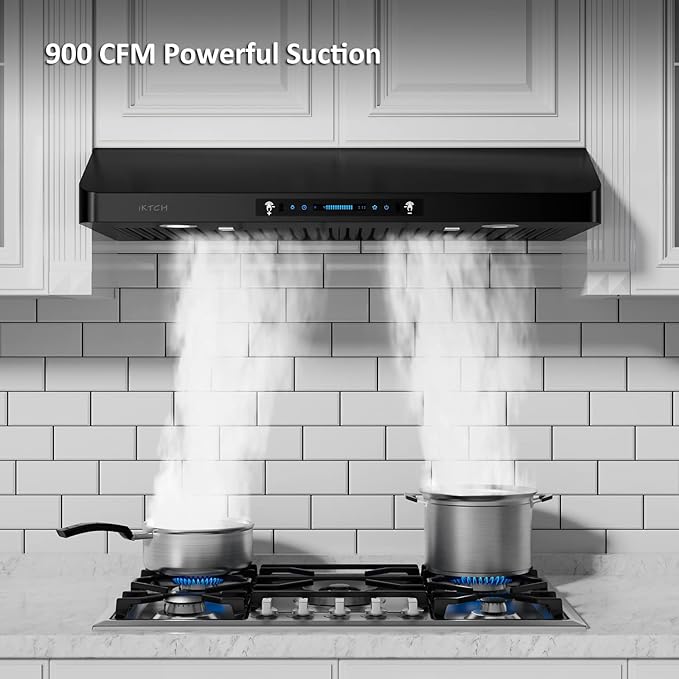 IKTCH 36 inch Range Hood 900 CFM, Black Under Cabinet Kitchen Vent Hood with 4 Speed Gesture Sensing&Touch Control Panel