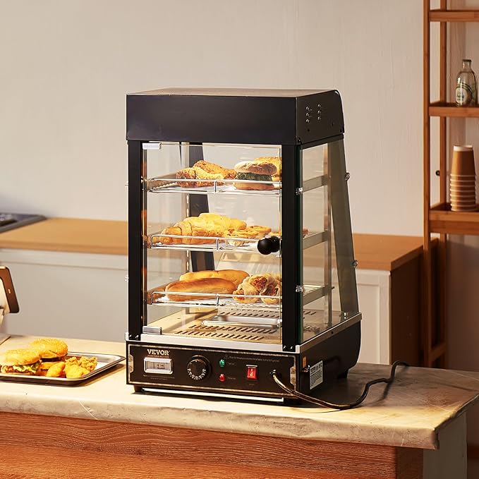 VEVOR 3-Tier Commercial Food Warmer Display, 1000W Food Display Warmer with Light, Adjustable Shelf and Temperature Display, 86℉~185℉ Steam Heating, 57L for Hamburger, Pizza, Bread, Fried Chicken